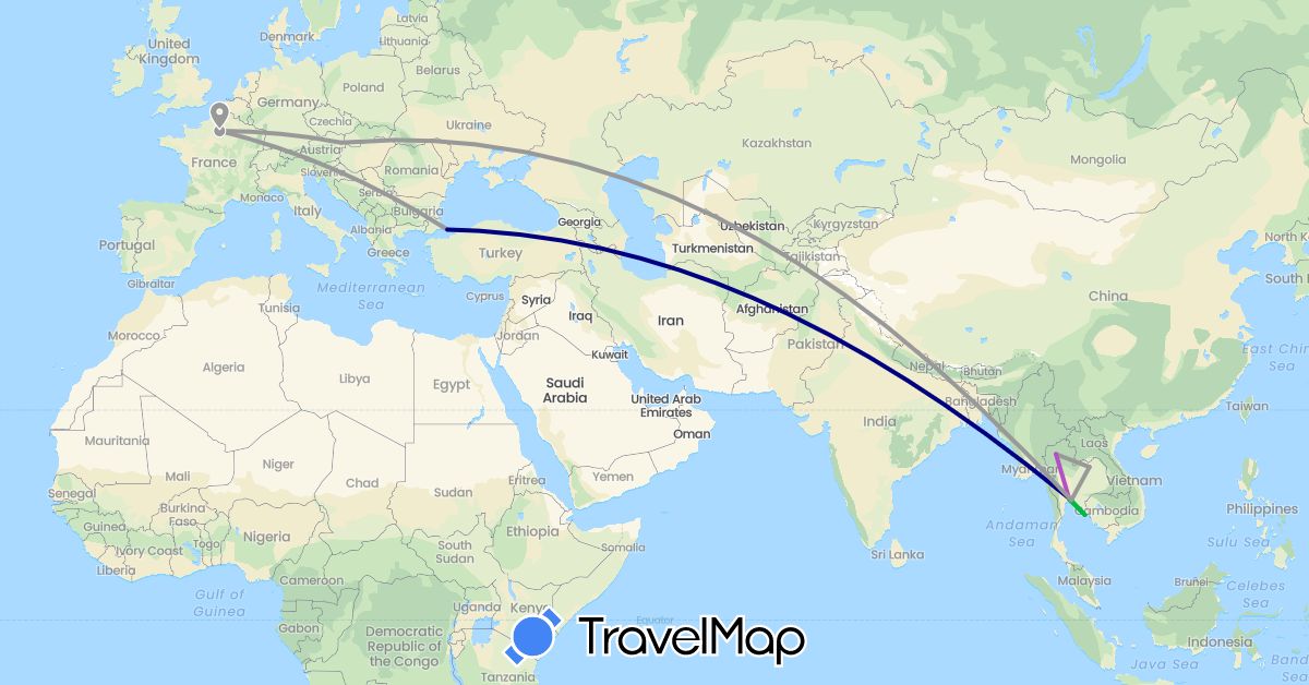TravelMap itinerary: driving, bus, plane, train in Austria, France, Thailand, Turkey (Asia, Europe)